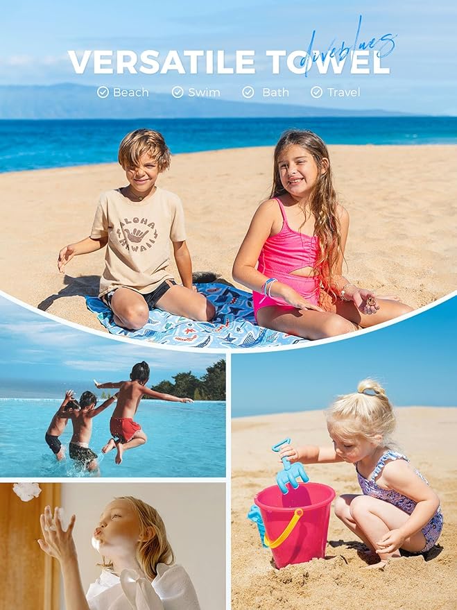 Kids Beach Towels 2 Pack 60''x30'', Quick Dry, Sand Free, Compact, Lightweight, Absorbent, Girls & Boys Large Microfiber Towels Gifts for Pool, Swim, Cruise Essentials
