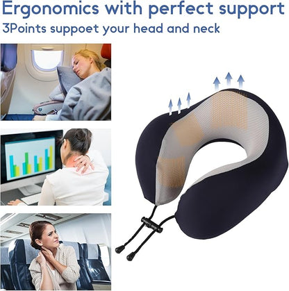 Travel Neck Pillow, Curved Ergonomic Design, Ice Silk Fabric is Comfortable and Breathable, The Pillowcase is Removable. Comes with Portable Storage Bag and Ear Plugs (Blue)