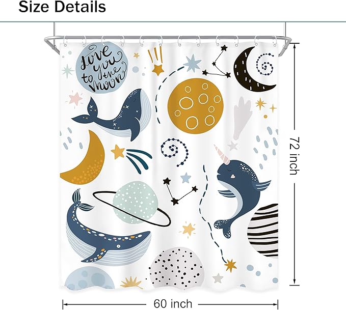Kids Boys Whale Shower Curtain Space Ocean Cartoon Planet Cute Ocean Sea Animal Universe Galaxy Moon Stars Cool Cosmos Bathroom Set 60Wx72L Inch Bath Curtain Bathtub Accessories Home Decor