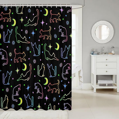 Cute Cat Silhouettes Kids Shower Curtains,Sun Moon Starry Sky Outer Space Bathroom Curtains for Girls Boys,Cute Pets Animals Watercolor Romantic Waterproof Curtains,12 Hooks Suits,72"W x 84"L