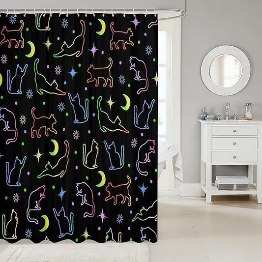 Cute Cat Silhouettes Kids Shower Curtains,Sun Moon Starry Sky Outer Space Bathroom Curtains for Girls Boys,Cute Pets Animals Watercolor Romantic Waterproof Curtains,12 Hooks Suits,72"W x 84"L