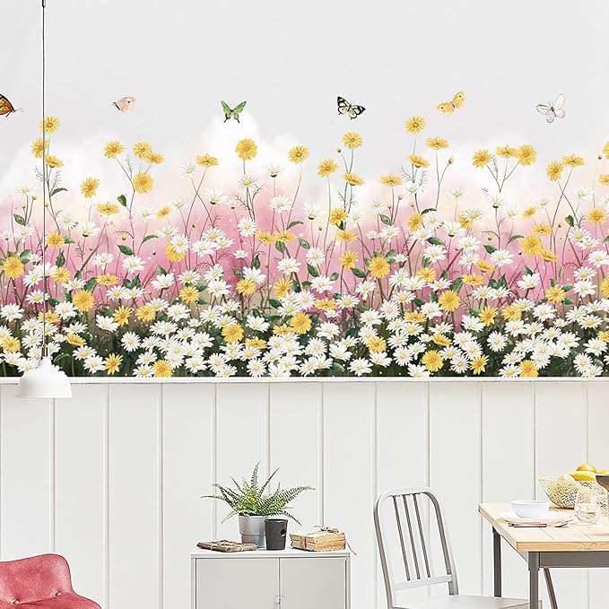 Daisy Flowers Wall Decal Chrysanthemum Butterfly Wall Sticker Removable Vinyl Garden Bouquet Wall Murals for Living Room Bedroom Kitchen Nursery Decors