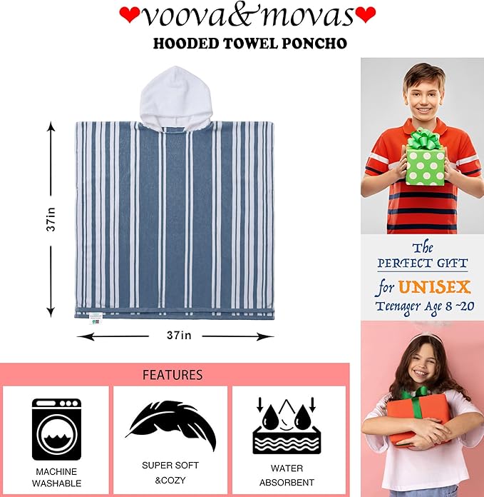 VOOVA & MOVAS Hooded Beach Towels for Boys| Girls | Teens (8-16Years), 100% Cotton Thick Poncho Towel Robe for Kids, Perfect for Pool, Beach, Bath and Gifts, Grey Cabana Stripe Design