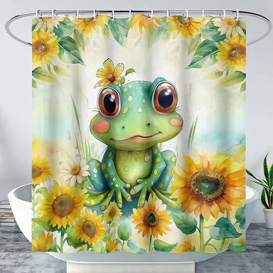 AILONEN Cartoon Green Frog Shower Curtain,Watercolor Sunflower Shower Curtain,Cute Kawaii Frog Curtain for Kids Girls Boys,Yellow Flower Animal Frog Print Waterproof Bath Curtain 60" W x 72" H