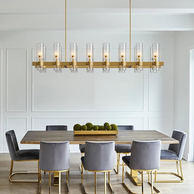 Brass Kitchen Island Lighting- 16-Light Linear Chandelier, Adjustable 54'' Modern Farmhouse Rectangle Pendant Light Fixtures, Dining Room, Bedroom