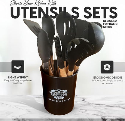 Silicone Utensil Set, 12 PCS Wooden Handle Nontoxic BPA Free 100% Food Grade Silicone Spoon Spatula Ladle Turner Tongs Kitchen Gadgets Utensil Set for Nonstick Cookware (Black)