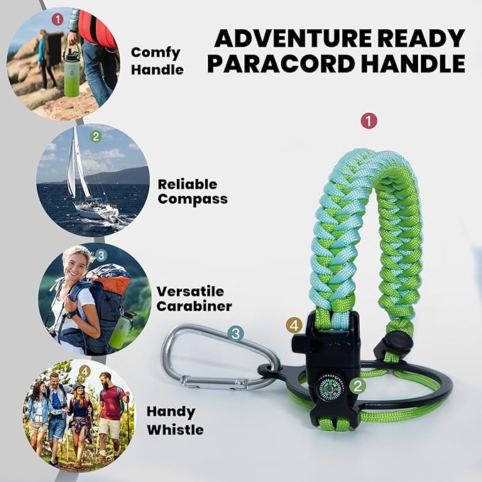 Insulated Water Bottle 32 oz, Triple Wall Vacuum Stainless Steel (Cold for 48 Hrs), Leak Proof & Non-BPA, Modern Water Flask Jug with Paracord Handle & Straw Spout Lids, Ombre Green
