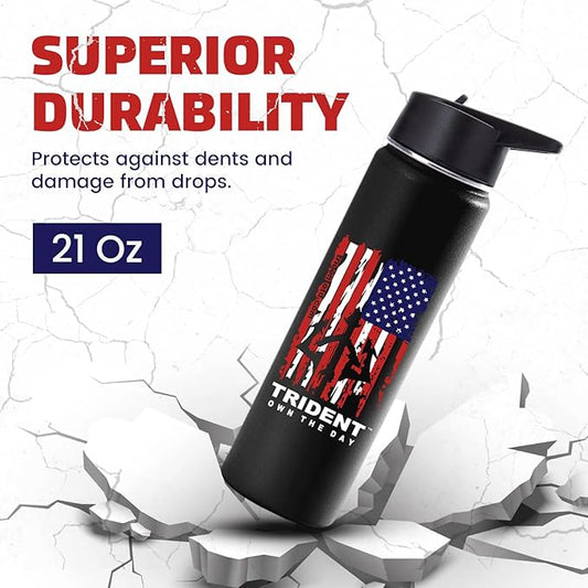 American Flag Water Bottle, 21 oz Insulated Water Bottle, Reusable Water Bottle with Straw, Leak Proof Water Bottles, Thermos Water Bottle - Retired Navy Combat Vet Small Business (Black, 21 Oz)