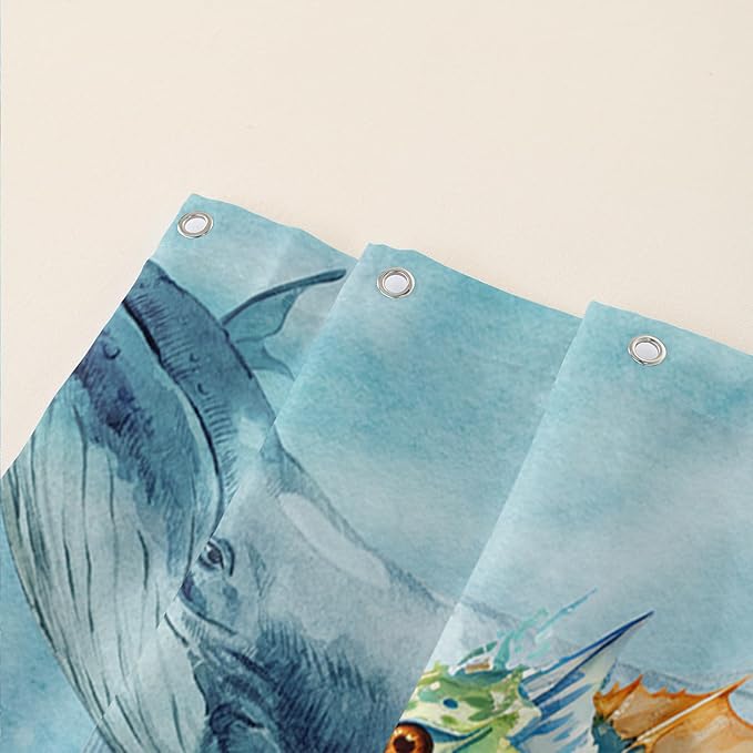AILONEN Seahorse Shower Curtain for Bathroom,Watercolor Seahorse Bath Curtain,Blue Ocean Animal Whale Coral Fish Shower Curtain Waterproof with 12 Plastic Hooks, 48" W*72" H