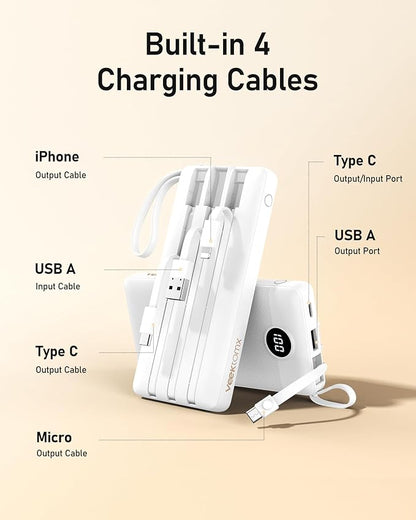 VEEKTOMX Portable Charger with Built-in Cables - 10000mAh Power Bank for iPhone - Slim Fast Charge USB C Battery Pack - Small Travel Essentials Powerbank, Compatible with iPhone, Samsung, Android, etc
