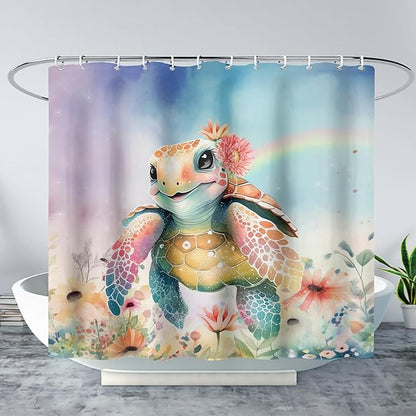 AILONEN Kawaii Sea Turtle Shower Curtain,Tie Die Ocean Animal Themed Bath Curtain Cloth Fabric Bathroom 48" W*72" H Inch,12 Pack Hooks for Kids Child Cute Watercolor Sea Animal Bathroom Curtain