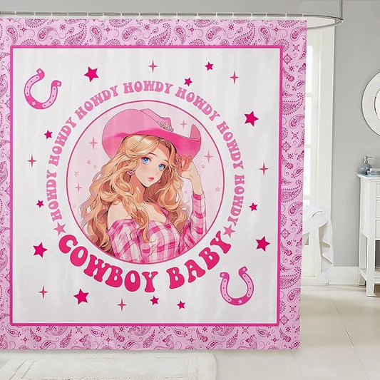 Manfei Western Cowgirl Kids Shower Curtains,Cowboy Horseshoes Stars Geometric Patchwork Bathroom Curtains for Girls Women,Paisley Boho Pink Romantic Waterproof Curtains,12 Hooks Suits,72" W x 84" L