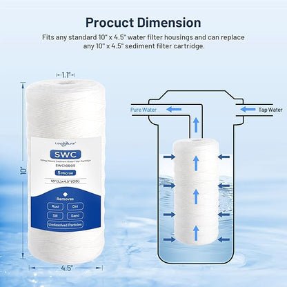 Whole House Water Filter Cartridge Replacement for Well Water, 5 Micron Water Filter 10" x 4.5" String Wound Sediment Water Filter Compatible with PSE1800, PC40, SWC-45-1005, WP5BB97P - 1 Pack