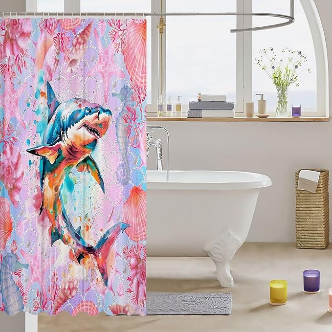 Feelyou Watercolor Shark Fabric Shower Curtain Under Sea Animals Themed Shower Curtain for Kids Pink Shells and Corals Bathroom Waterproof Accessories with 12 Hooks Ombre Curtains,72X78 Inches