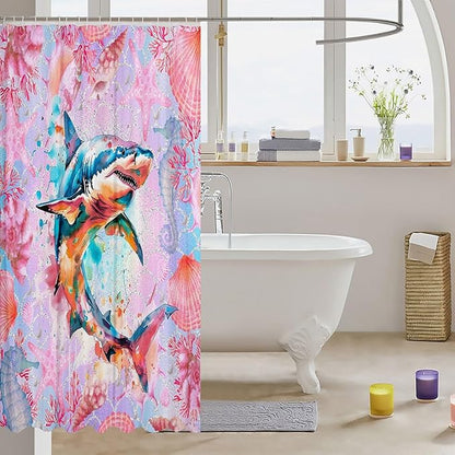 Feelyou Watercolor Shark Fabric Shower Curtain Under Sea Animals Themed Shower Curtain for Kids Pink Shells and Corals Bathroom Waterproof Accessories with 12 Hooks Ombre Curtains,72X78 Inches