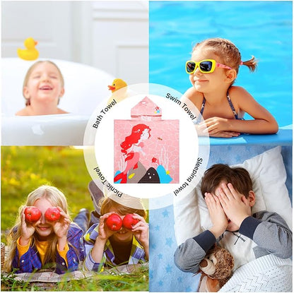 Kids Pink Mermaid Hooded Beach Towel Girls Cute Poncho Pool Towels with Hood 29*59" Soft Microfiber Swim Cover-ups for Kids Ages 3-10 Thick Absorbent Cotton Hooded Bath Towel Wrap Bathrobe