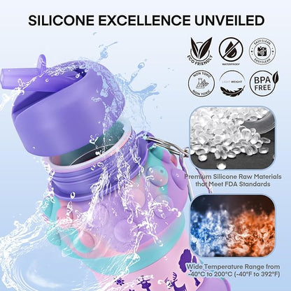 Kids Sports Collapsible Water Bottle | Ball Shaped Drinking Cup | Foldable BPA Free Leakproof Lightweight Silicon Jug | School Lunch Mug Team Gift Travel (Bubble Animal 550ml/18.6oz)