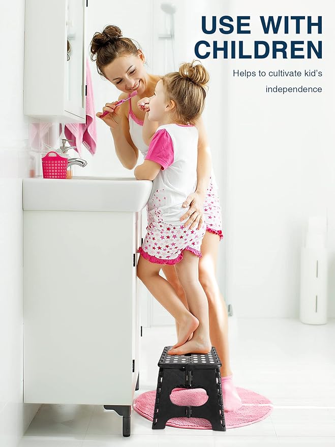 Folding Step Stool 11", Durable Kids Step Stool, Heavy Duty Step Stools for Adults, Compact Foot Stools, Light-Weight Toddler Step Stool for Kitchen, Bathroom, Holds Up to 300 lbs (Black)