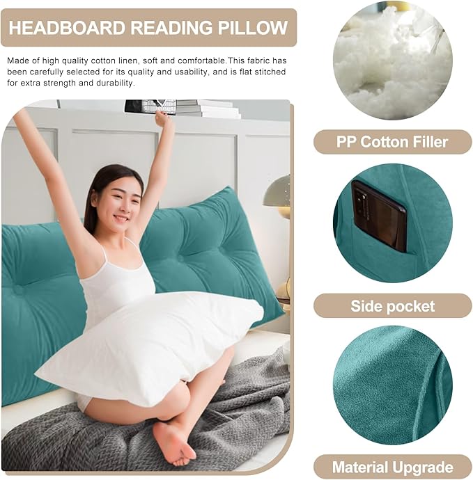 Large Triangular Headboard Pillows Long Backrest Positioning Support Bolster Cushion for Daybed Fluffy Quality Plush Body Wedge Pillow with Removable Cover(Light blue-King-76x8x20in)
