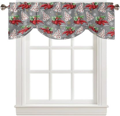 Red Truck Christmas Blackout Tie Up Valance Curtains for Kitchen Windows Merry Christmas Tree Window Toppers Balloon Shades for Living Room/Bathroom/Bedroom,1 Panel, 42" X 18", Winter Snowflake Grey
