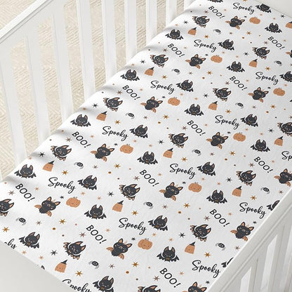 Horaldaily 2 Pack Fitted Crib Sheet for Boys Girls,Soft Breathable Washable Jersey Microfiber Baby Crib Sheet, Fits Standard Size Crib Mattress 28in x 52in, Bats Pumpkin Nursery Sheet Sage Black/White