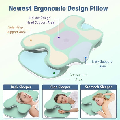 Cervical Pillow for Neck and Shoulder Pain Relief, Ergonomic Neck Pillow for Sleeping, Contour Memory Foam Cervical Pillow, Neck Pillow for Side Back Stomach Sleepers with Ice Silk Fabric (Green)