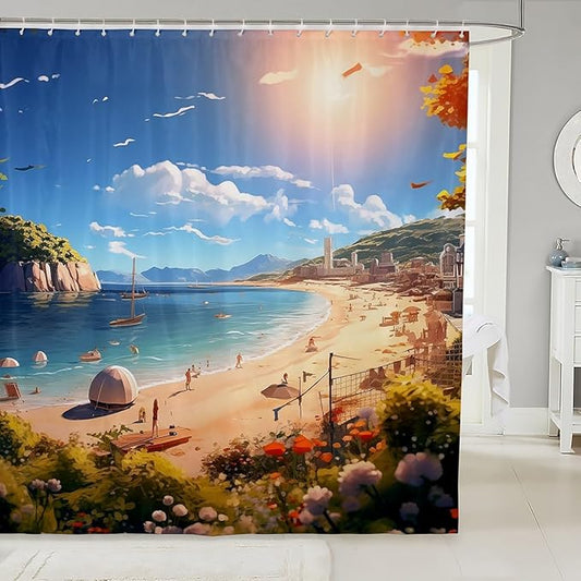 Feelyou Beach Shower Curtain Kids Beach Ocean Fabric Shower Curtain Nutrue Theme Bathroom Waterproof Accessories with 12 Hooks for Women Men Summer Holiday Curtains,72x78 Inches