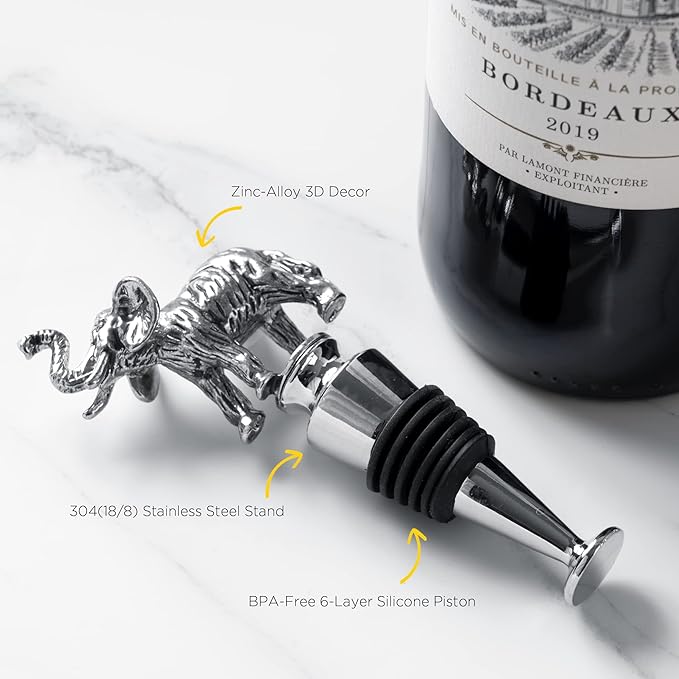 Homestia Wine Bottle Stoppers for Glass Bottles, Elephant Bottle Stopper Reusable Wine Corks Wine Tool, Zinc-Alloy Silicone Wine Stoppers, Wine Toppers with Decors