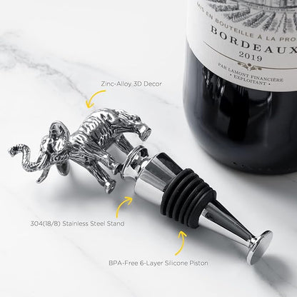 Homestia Wine Bottle Stoppers for Glass Bottles, Elephant Bottle Stopper Reusable Wine Corks Wine Tool, Zinc-Alloy Silicone Wine Stoppers, Wine Toppers with Decors