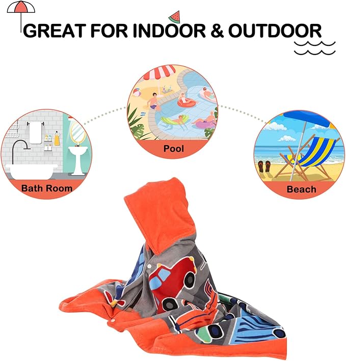 Wowelife Hooded Towels for Kids, Kids Beach Towels for Toddlers, Car Poncho Towel Wrap for Boys, 100% Cotton Kids Towel, Swimming Towels for Kids, Hooded Beach Towel