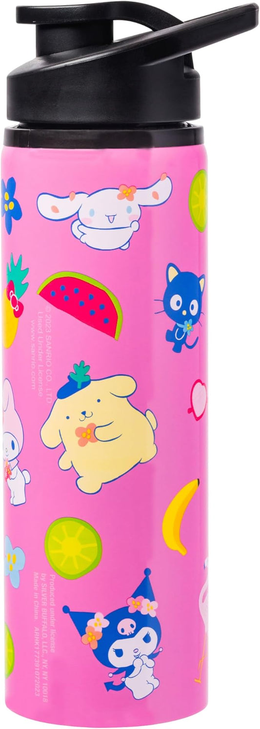 Silver Buffalo Sanrio Hello Kitty and Friends Tropical Stainless Steel Water Bottle Featuring Keroppi, Tuxedo Sam, Badtz-Maru, and Pochacco, 25 Ounces