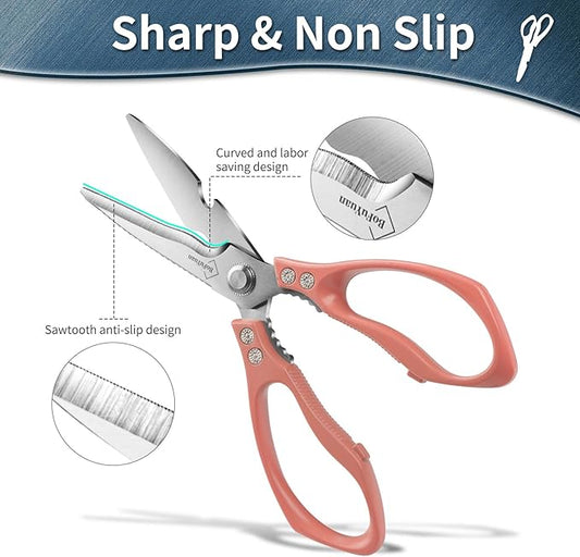 Kitchen Shears for Food Heavy-Duty: Multipurpose Kitchen Shears for Cutting Chicken, Bone, Meat, Food, (9'' Pink)