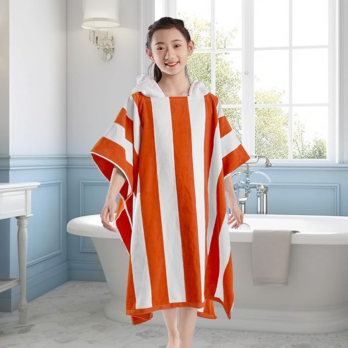 VOOVA & MOVAS Hooded Bath Towel for Big Kids | Large (8-16Years) Thick and Absorbent Cotton Poncho Towel Robe for Pool, Swim, and Bath - Red and White Cabana