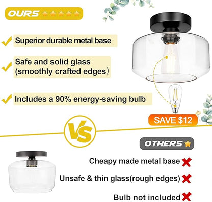 Industrial Semi Flush Mount Ceiling Light, 800 Lumen LED Bulb Included, Clear Glass Shade Ceiling Light Fixture, Farmhouse Light Fixture for Hallway Corridor Kitchen Bathroom Bedroom Passway