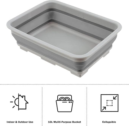 Wakeman 10L Gray Collapsible Multiuse Bin-Portable Wash Basin/Dish Tub/Ice Bucket with 10 L Capacity for Camping, Tailgating, Outdoors, 14.75” L x 10.75” W x 5” H