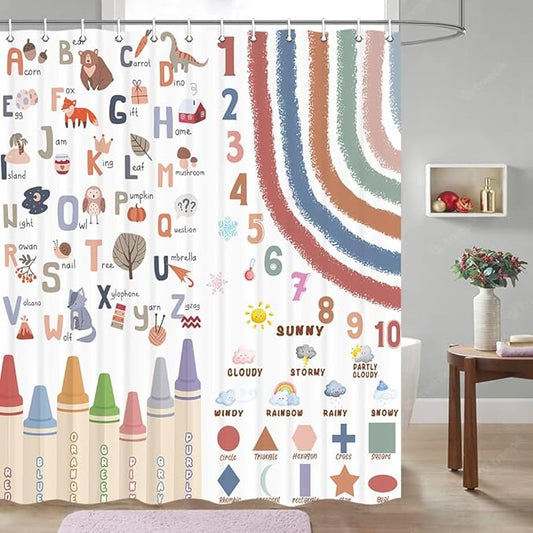 Kids Alphabet Shower Curtain, Funny Cartoon Animal ABC Learning Bath Curtain 60 x 72 Inch, Educational Boys Girls Children Bathroom Curatin Decoration Waterproof with Hooks Washable