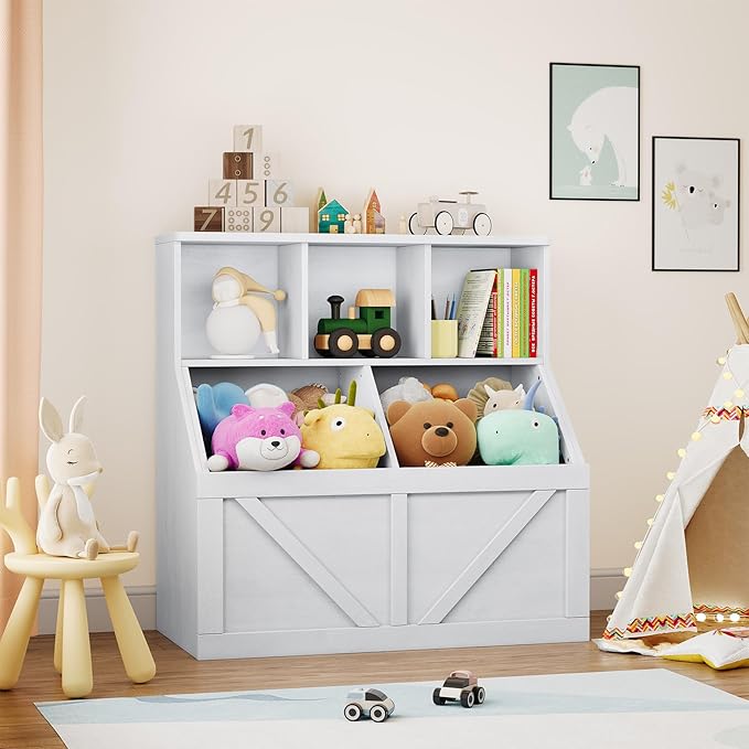 Kids Bookshelf and Toy Storage, Kids Toy Storage Organizer, Toy Storage Cabinet with Toy Shelf, Toddler Bookshelf Toy Organizer and Storage Bins for Playroom, Bedroom, Nursery, Classroom, Daycare