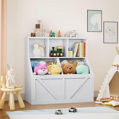 Kids Bookshelf and Toy Storage, Kids Toy Storage Organizer, Toy Storage Cabinet with Toy Shelf, Toddler Bookshelf Toy Organizer and Storage Bins for Playroom, Bedroom, Nursery, Classroom, Daycare