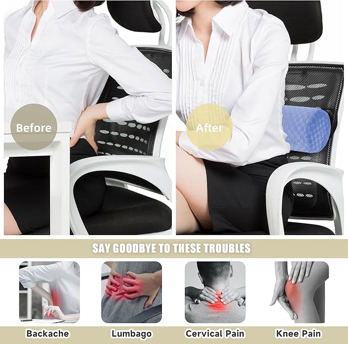 Lumbar Roll Pillow for Lower Back, Lumbar Support Foam Roll Cushion with Pillowcase and Upgraded Strap for Office, Chair, Car, Seat Pain Relief & Improving Posture (Light Blue, Short-11*4.3'')