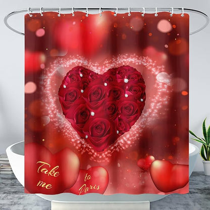 AILONEN Red Rose Hearts Printed Shower Curtain,Romantic Rose Lover Couple Bath Curtain,Fantasy Love Hearts Red Curtain for Bathroom Decor 60" W x 72" H,Waterproof