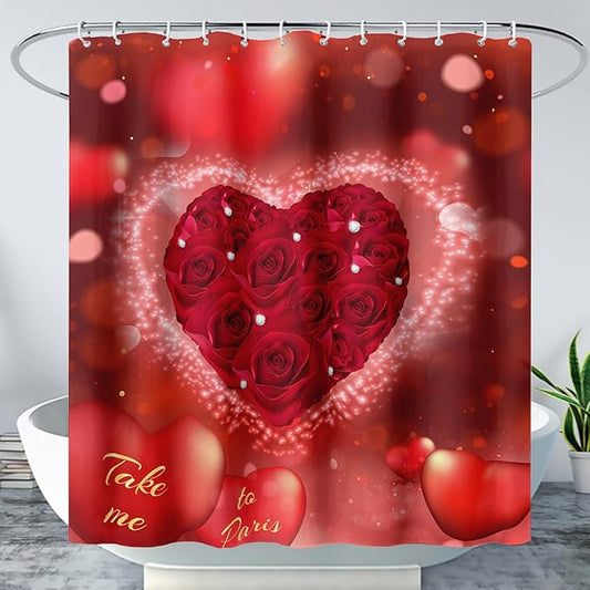 AILONEN Red Rose Hearts Printed Shower Curtain,Romantic Rose Lover Couple Bath Curtain,Fantasy Love Hearts Red Curtain for Bathroom Decor 48" W x 72" H,Waterproof