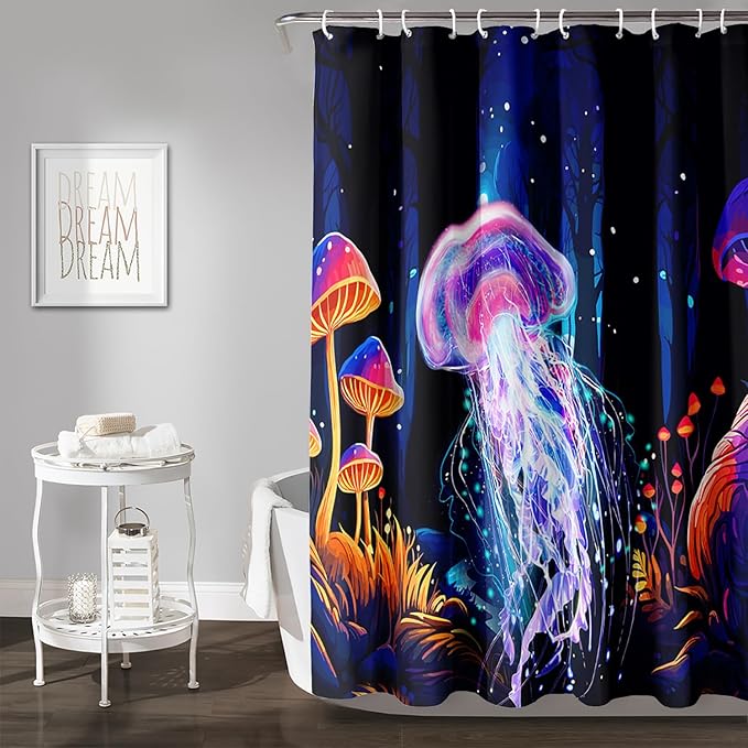 AILONEN Beautiful Jellyfish Shower Curtain,Magic Mushroom Waterproof Fabric Bath Curtain for Kids Girls,Boho Style Mysterious Planet Shower Curtain Set for Bathroom, 48" W*72" H