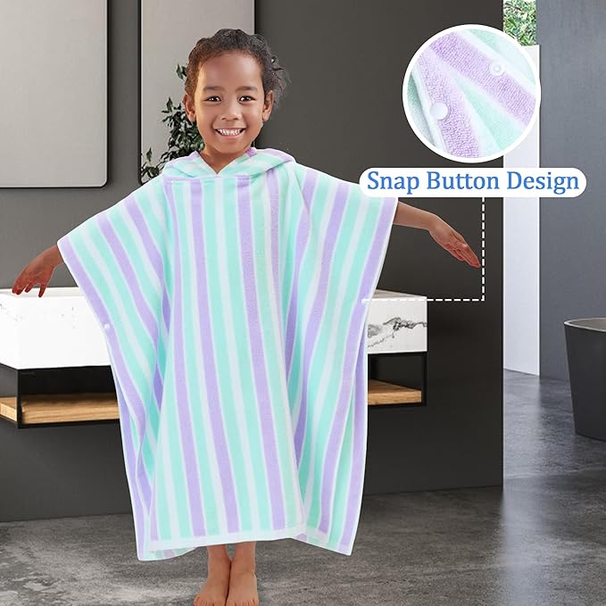 VOOVA & MOVAS Poncho Towels for Kids Absorbent - (4-8Years) - Quick Dry Lightweight Cotton Hooded Towel Robe for Pool | Swim | Beach | Bath, Aqua Purple Stripe