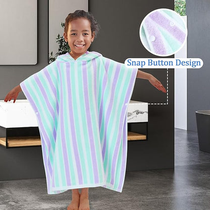 VOOVA & MOVAS Poncho Towels for Kids Absorbent - (4-8Years) - Quick Dry Lightweight Cotton Hooded Towel Robe for Pool | Swim | Beach | Bath, Aqua Purple Stripe