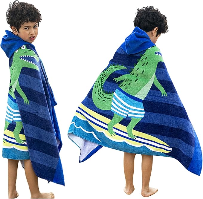 BANGSAUR Kids Hooded Beach Bath Towels, 100% Cotton 50"x30" Wrap Bathrobe, Toddlers Boys 3-12 Years Coverup Towel Surfing Crocodile