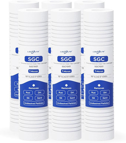 Whole House Water Filter Cartridge Replacement for Well Water, 1 Micron Water Filter 10 x 2.5 Grooved Sediment Water Filter Compatible with AP110, WHKF-GD05, RS14, CFS110, P5, WFPFC5002-6 Pack