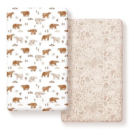 Stretchy Ultra Soft Jersey Knit Fitted Crib Sheets Set 2 Pack，Universal Fit All Standard Crib Mattress Pads Safe and Snug, Crib Fitted Sheet for Boys and Girls, Cute Animals Print