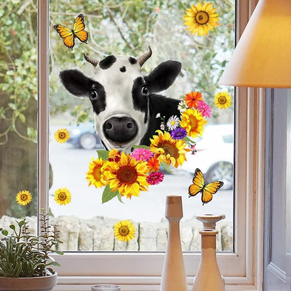 Farm Animal Wall Decals Funny Cow Sunflower Butterfly Wall Sticker Window Clings Peel and Stick Removable Self-Adhesive Wall Art Mural Bedroom Classroom Living Room Window Glass Decoration