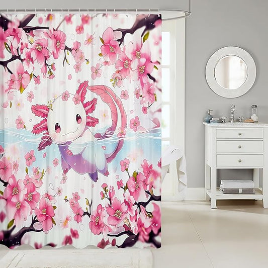 Feelyou Boys Girls Cute Axolotl Bathroom Shower Curtain Set Cartoon Salamander Bath Curtain Ocean Sealife Shower Curtain Kids Kawaii Teens Bathroom Accessories Room Decor 72"x84"
