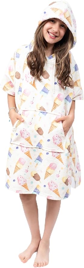 Cotton/Microfiber Kids Surf Poncho, Wetsuit Changing Towel Bath Robe with Hood and Pocket for Ages 3-7 and 8-12 (Ice Creams, 8-12 Years)